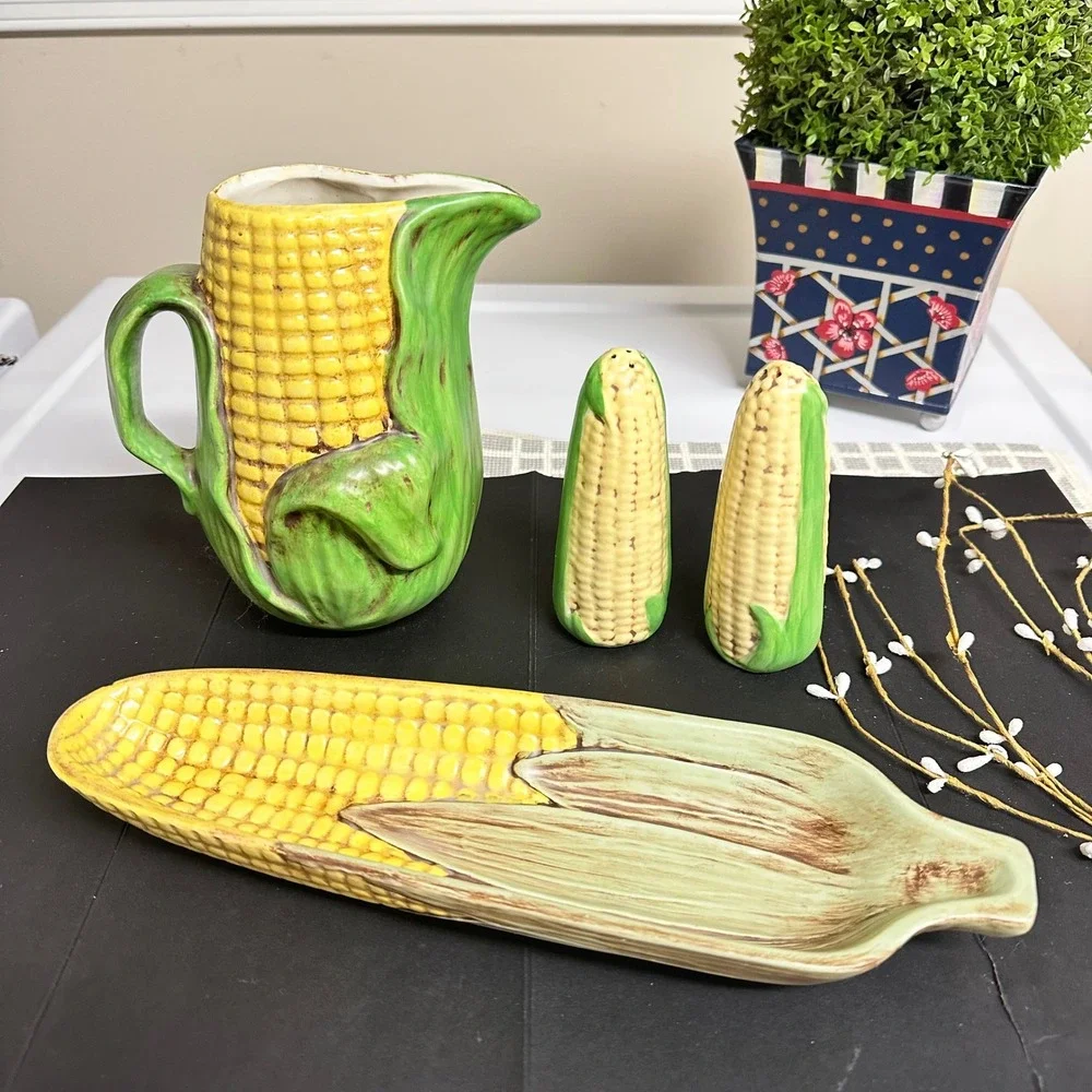 Vintage Set of Corn in Husk Pottery of‎ Jug Platter  Salt & Pepper Shakers Rare